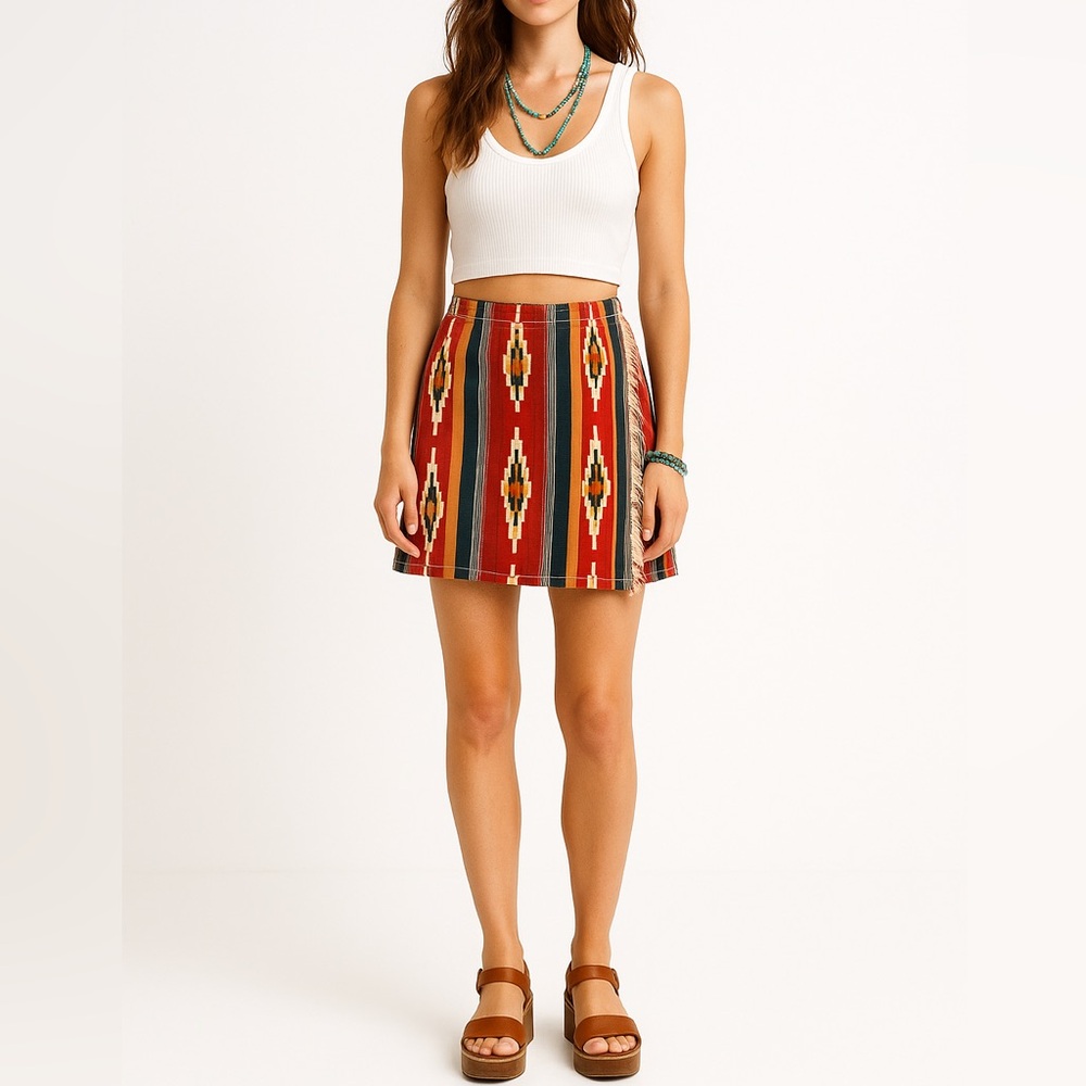 VINTAGE GITANO Southwestern Denim Skirt | Small | Multicolor Stripe Fringe Wrap